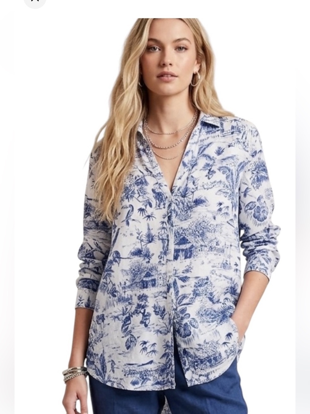 Joie Blue and White Toile Tropical Print Button-Down Shirt